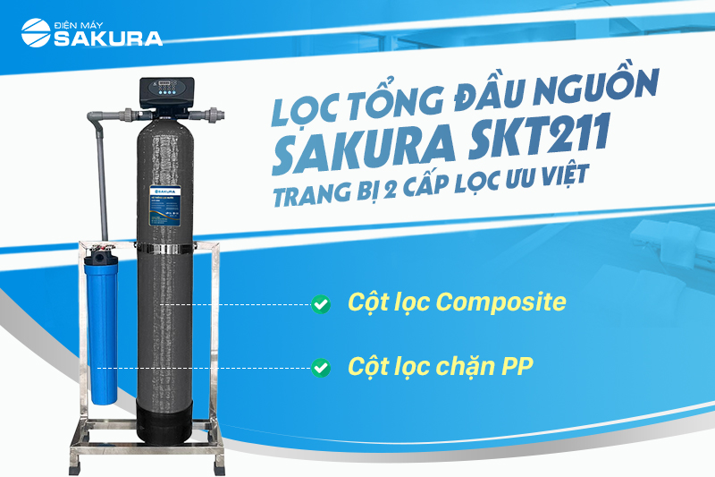 Lọc tổng đầu nguồn Sakura SKT211 trang bị 2 cấp lọc nước sạch hữu hiệu