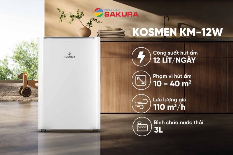Kosmen KM-12W c&oacute; c&ocirc;ng suất h&uacute;t ẩm đạt 12L/ng&agrave;y