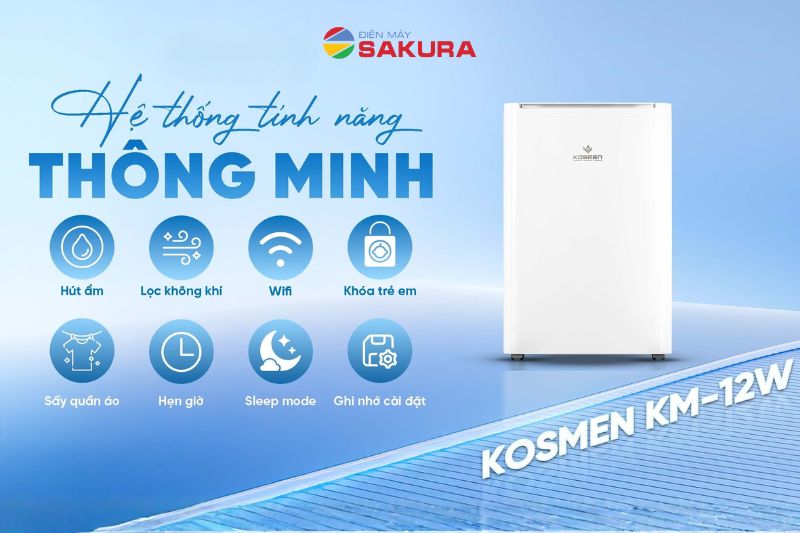 M&aacute;y h&uacute;t ẩm Kosmen KM-12W được t&iacute;ch hợp đa dạng t&iacute;nh năng th&ocirc;ng minh