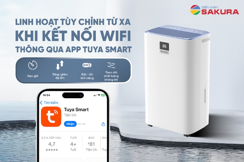 Tính năng kết nối wifi điều khiển từ xa qua app của máy hút ẩm lọc không khí Kosmen KM-30N
