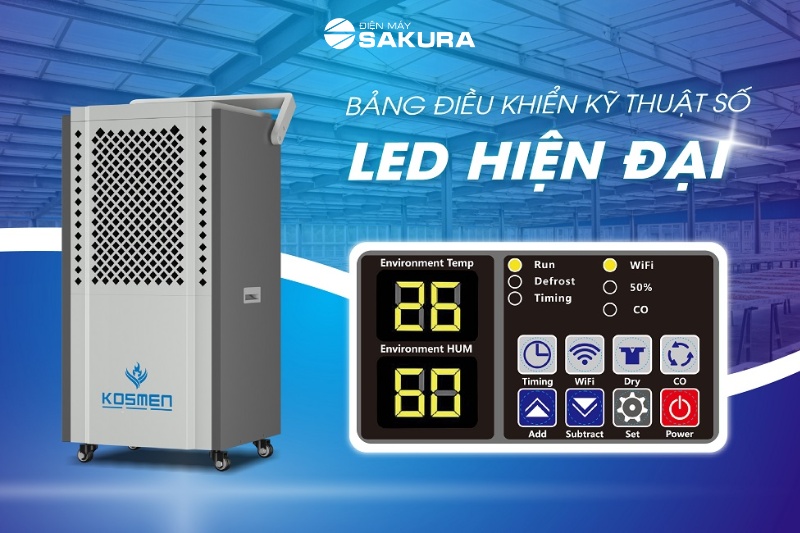 Máy hút ẩm công nghiệp Kosmen KM-150S  sở hữu bảng điều khiển kỹ thuật số hiển thị trực quan