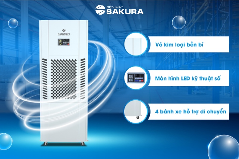 Máy hút ẩm công nghiệp Kosmen KM-180S với thiết kế hiện đại, gam màu trắng tinh tế, sang trọng