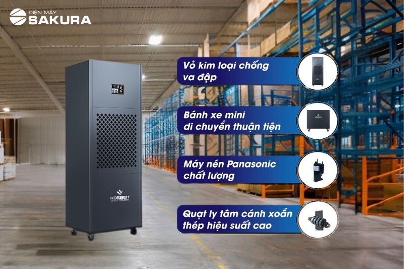 Máy hút ẩm công nghiệp Kosmen KM-210S được cấu tạo từ các linh phụ kiện cao cấp