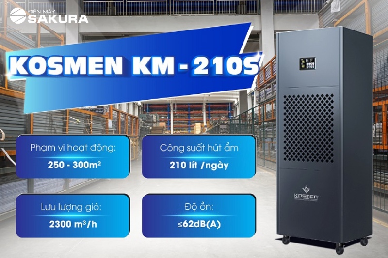 Máy hút ẩm công nghiệp Kosmen KM-210S với công suất hút ẩm mạnh mẽ cho các không gian rộng