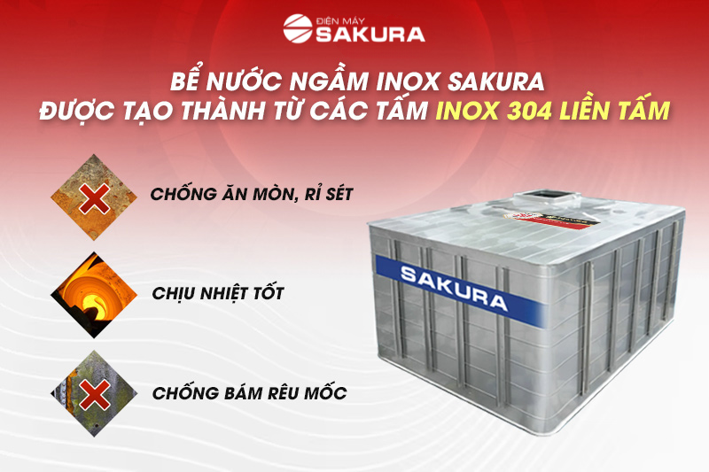 Bể ngầm inox Sakura sử dụng vật liệu inox 304 cao cấp 