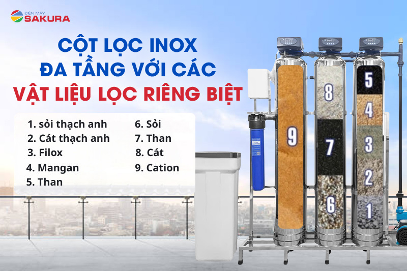 Cột lọc inox đa tầng với các vật liệu lọc riêng biệt