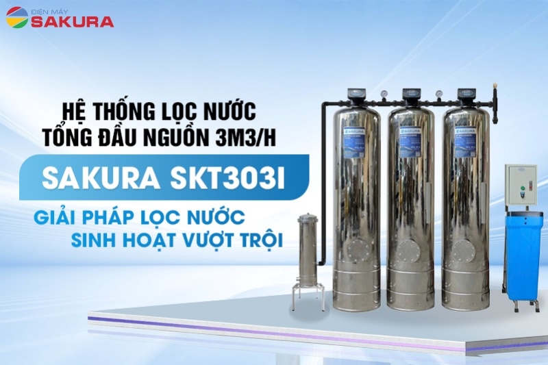 Bộ lọc tổng đầu nguồn 3 cột inox 304 tự động sục rửa Sakura SKT303I công suất 3m3/h