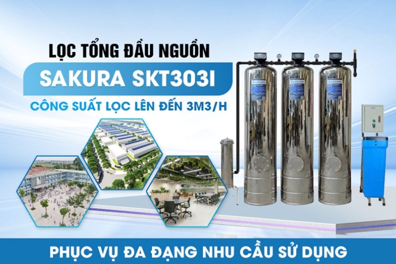 Hệ thống lọc tổng đầu nguồn Sakura SKT303I được thiết kế với công suất 3m3/h