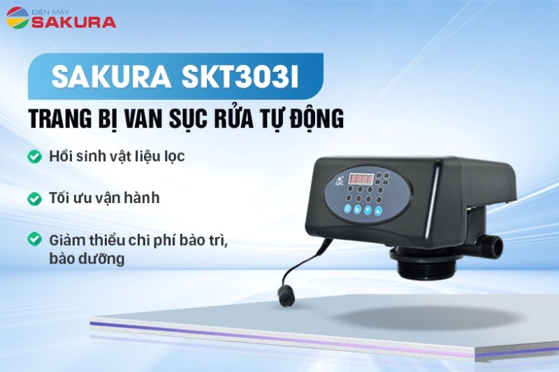 Lọc tổng Sakura SKT303I được trang bị autovan và thùng muối hoàn nguyên