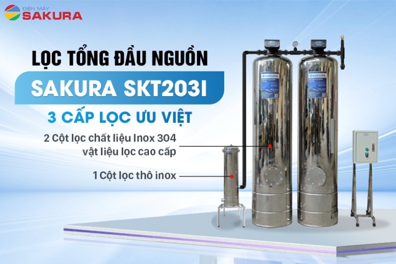 Hệ thống lọc tổng Sakura SKT203I được trang bị 3 cấp lọc ưu việt
