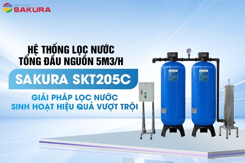 Hệ thống lọc tổng đầu nguồn 2 cột áp lực tự động sục rửa Sakura SKT205C công suất 5m3/h