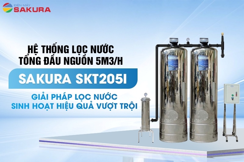 Bộ lọc tổng đầu nguồn 2 cột inox 304 động sục rửa Sakura SKT205I công suất 5m3/h