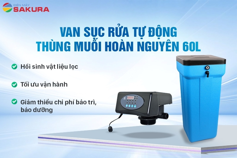Lọc tổng Sakura SKT303C được trang bị van sục rửa tự động và thùng muối hoàn nguyên