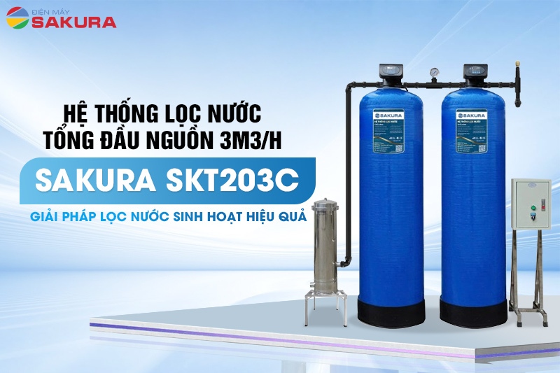 Máy lọc tổng đầu nguồn 2 cột áp lực tự động sục rửa Sakura SKT203C công suất 3m3/h