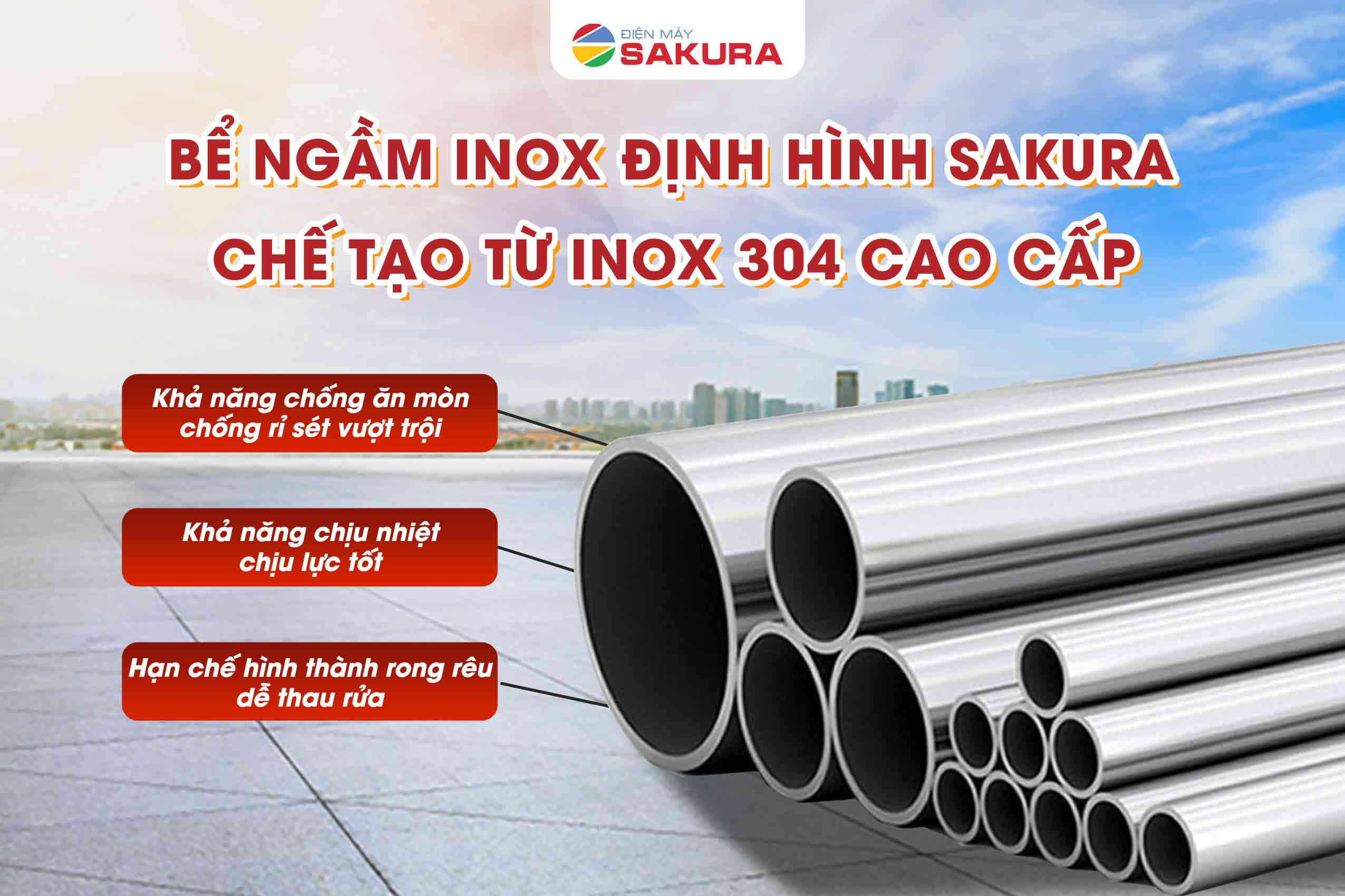 Bể ngầm inox Sakura sử dụng vật liệu inox 304 cao cấp