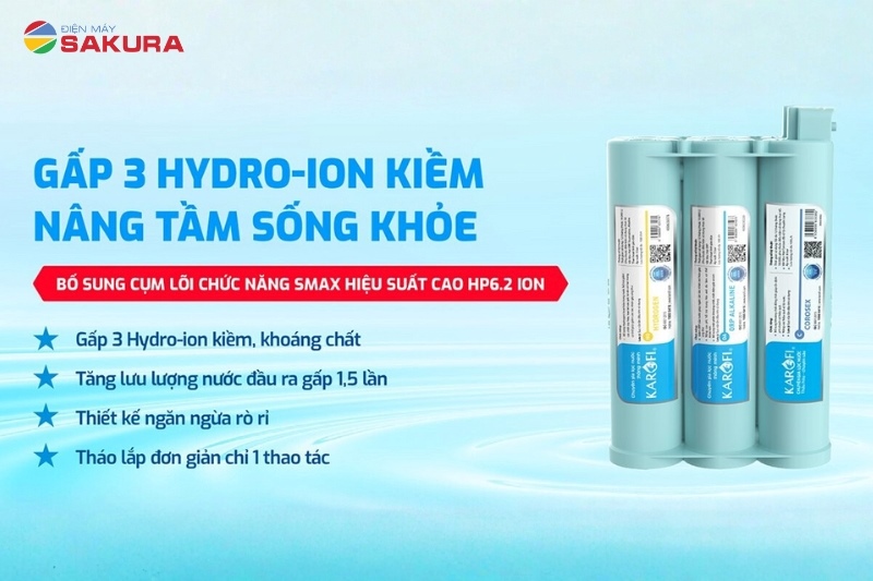 Hệ thống lõi lọc HP 6.2 ION có tác dụng tăng cường Hydrogen và khoáng chất