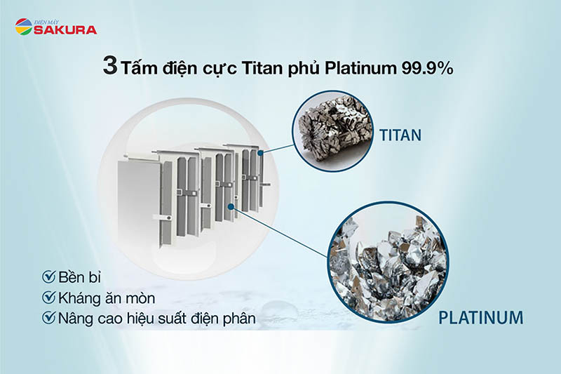 Máy được trang bị 3 tấm điện cực Titan phủ Platinum