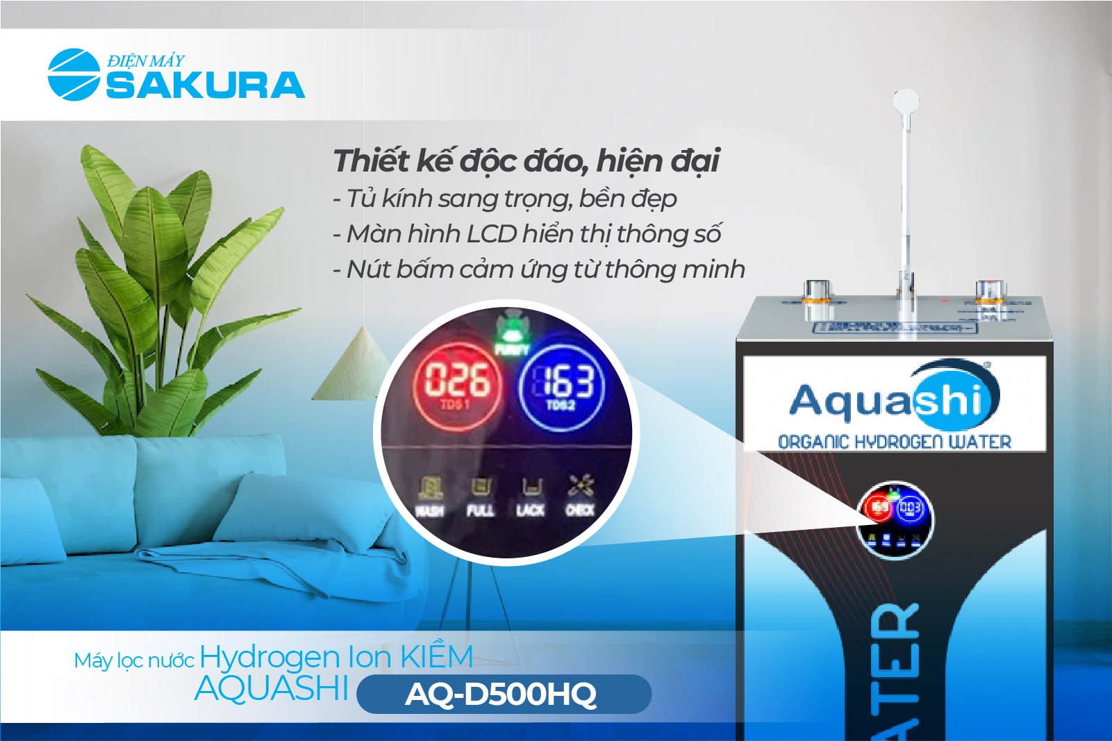 Máy lọc nước Hydrogen Aquashi AQ-D500HQ thiết kế độc đáo, dễ dàng lắp đặt