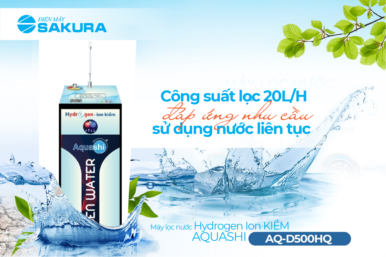 máy lọc nước Hydrogen ion kiềm Aquashi AQ-D500HQ công suất lọc nước lớn lên đến 20L/H