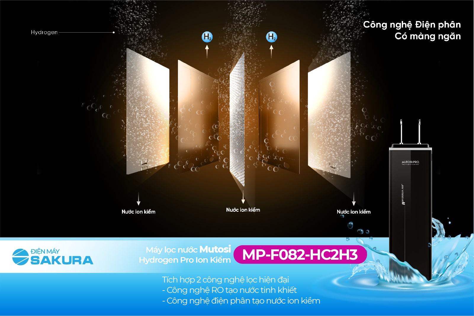 Máy lọc nước Mutosi Hydrogen MP-F082-HC2H3 kết hợp 2 công nghệ lọc nước hiện đại 