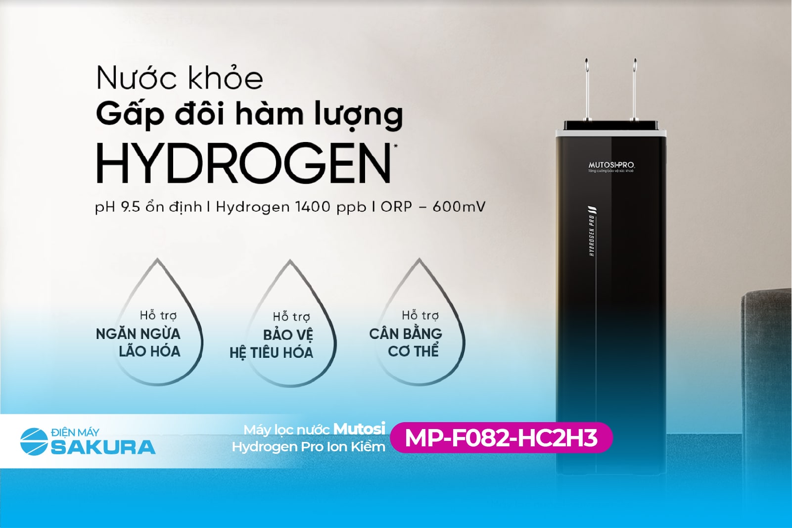 Máy lọc nước Mutosi Hydrogen MP-F082-HC2H3 gấp đôi hàm lượng Hydrogen