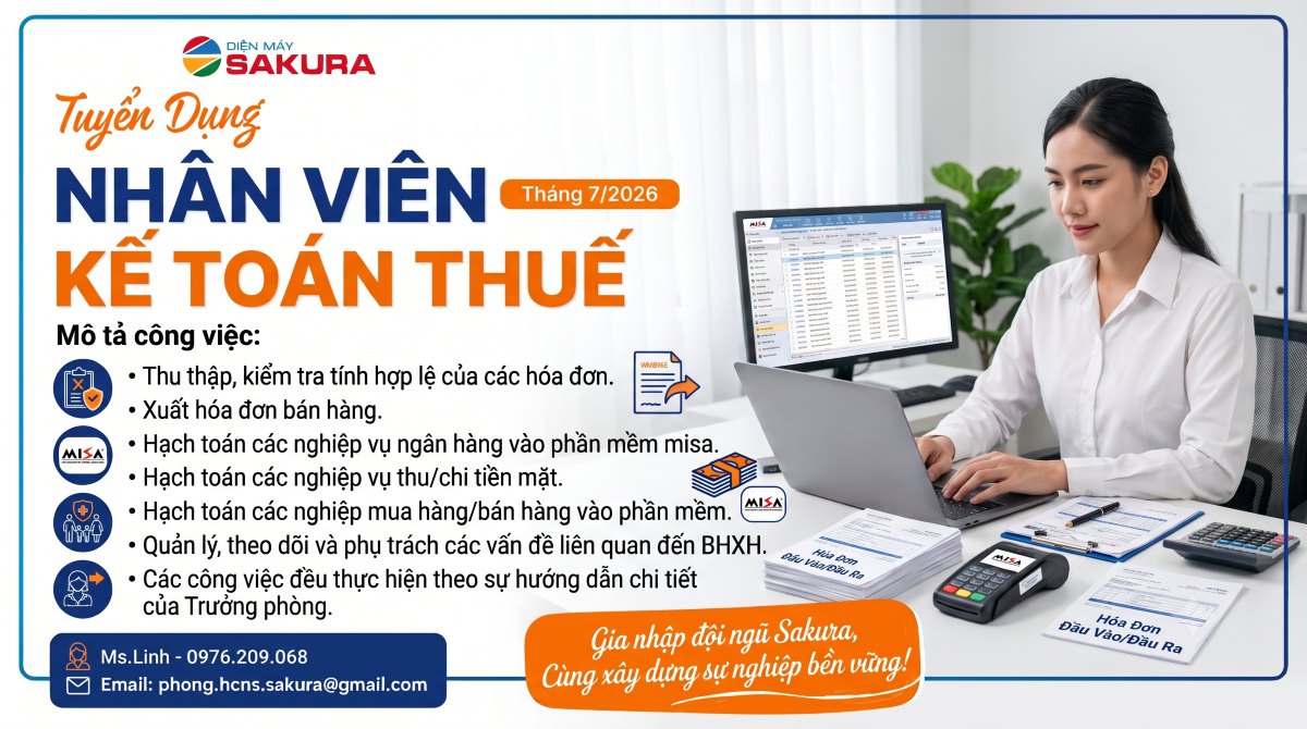 Điện máy Sakura Tuyển Dụng Kế Toán Thuế tháng 7/2026