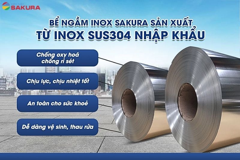 Bể inox ngầm Sakura được sản xuất từ chất liệu inox 304 cao cấp