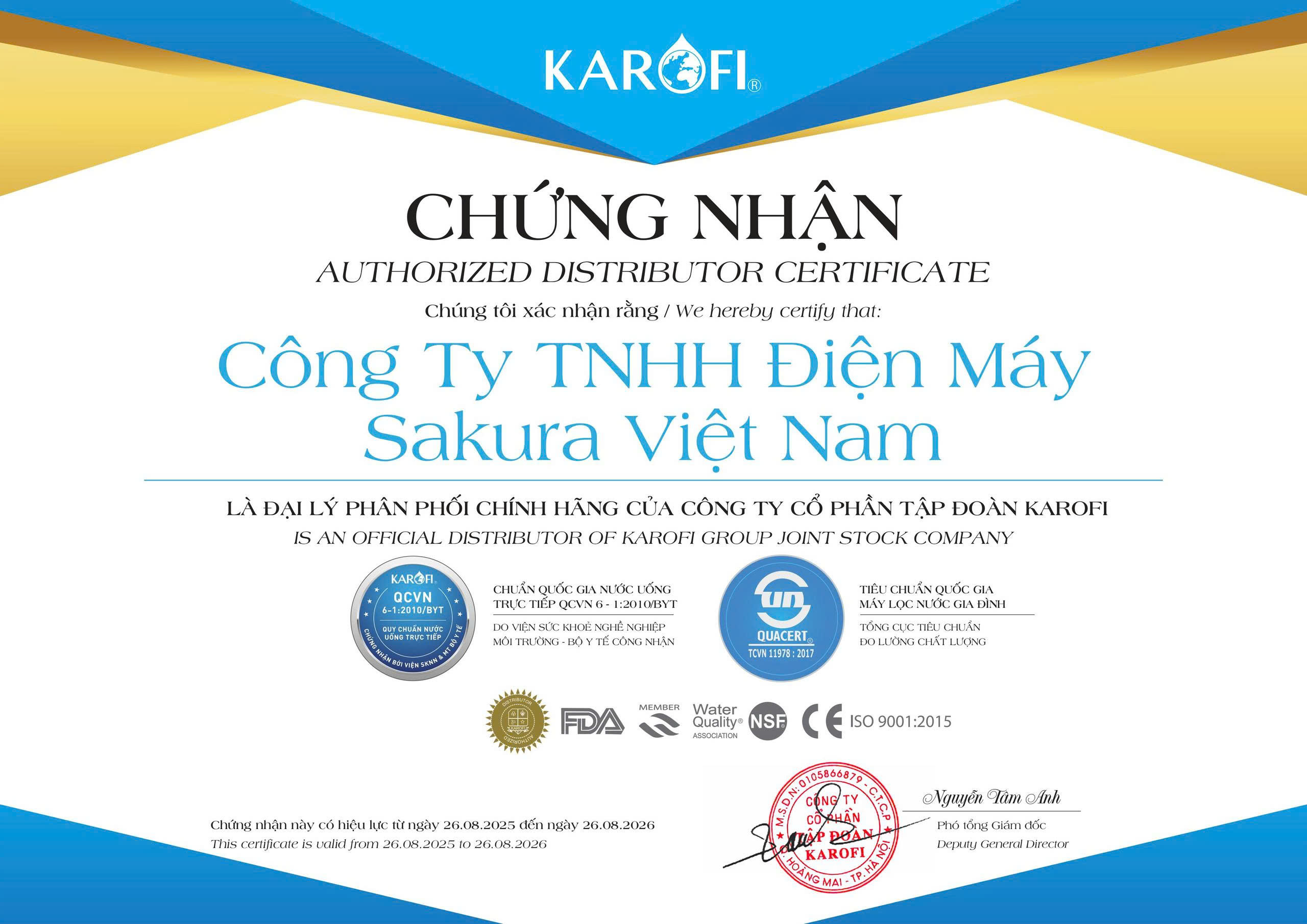 Giấy chứng nhận Điện máy Sakura là đơn vị phân phối chính hãng của Karofi