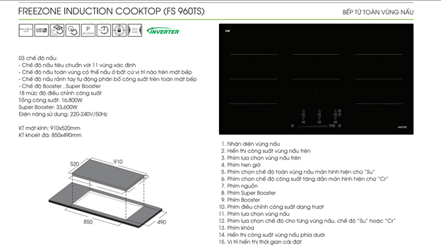 Bếp từ Faster Freezone Induction Cooktop FS – 960TS toàn vùng nấu
