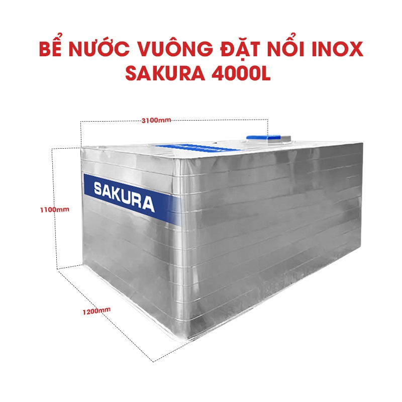 Bể Nước vuông đặt nổi inox Sakura 4000L