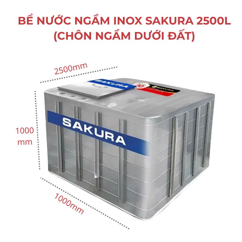 Bể Nước Ngầm Inox Sakura 2500L (Chôn Ngầm Dưới Đất)